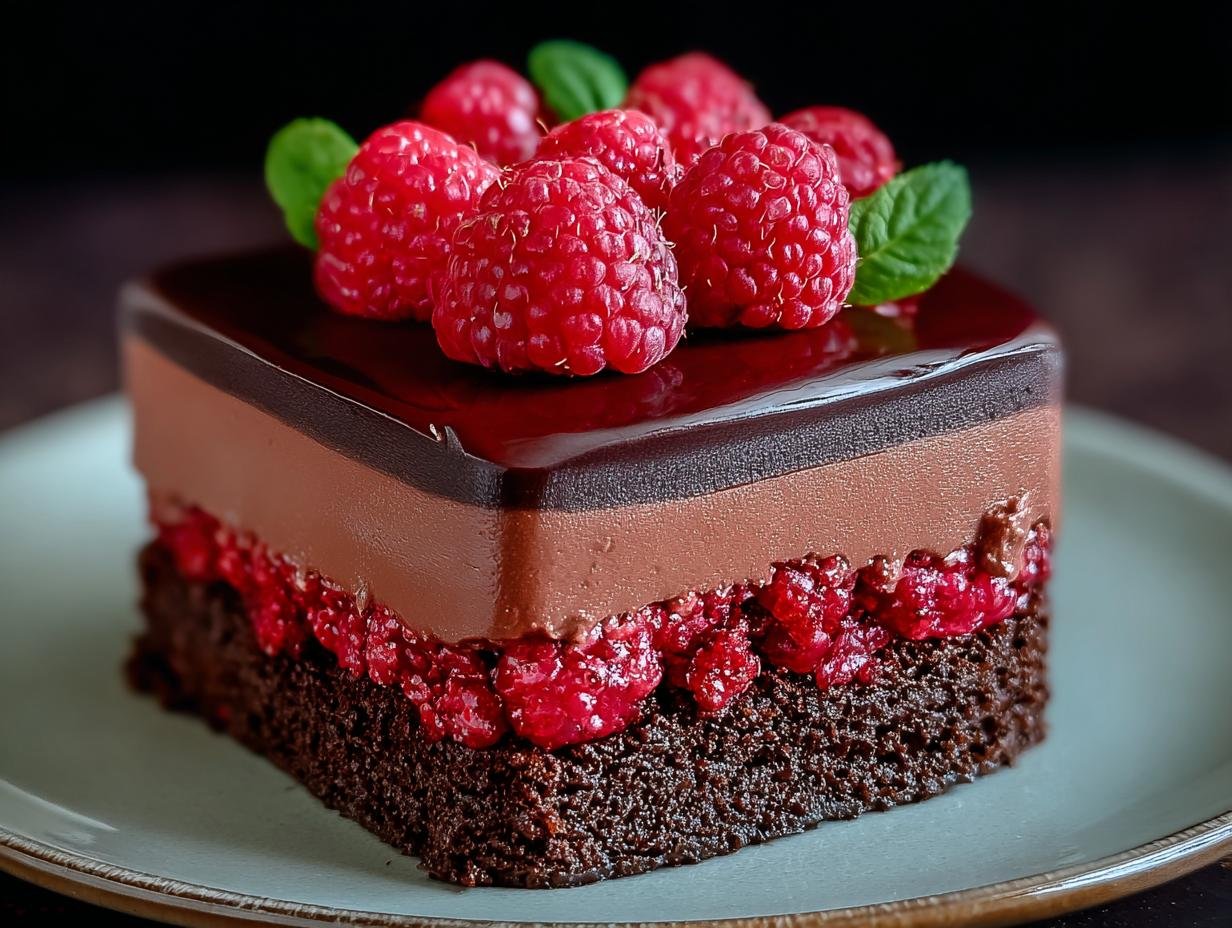 Gâteau Mousse Chocolat Framboise individuel, garni de framboises fraîches et de menthe.