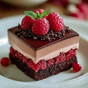 Gros plan d'une part de Gâteau Mousse Chocolat Framboise, garnie de framboises fraîches et de copeaux de chocolat.