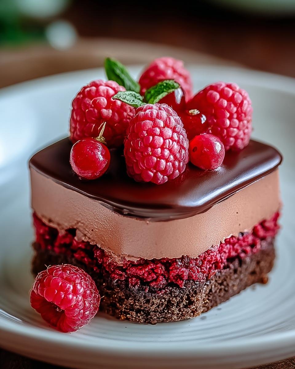 Gâteau Mousse Chocolat Framboise individuel, garni de framboises fraîches et de groseilles.