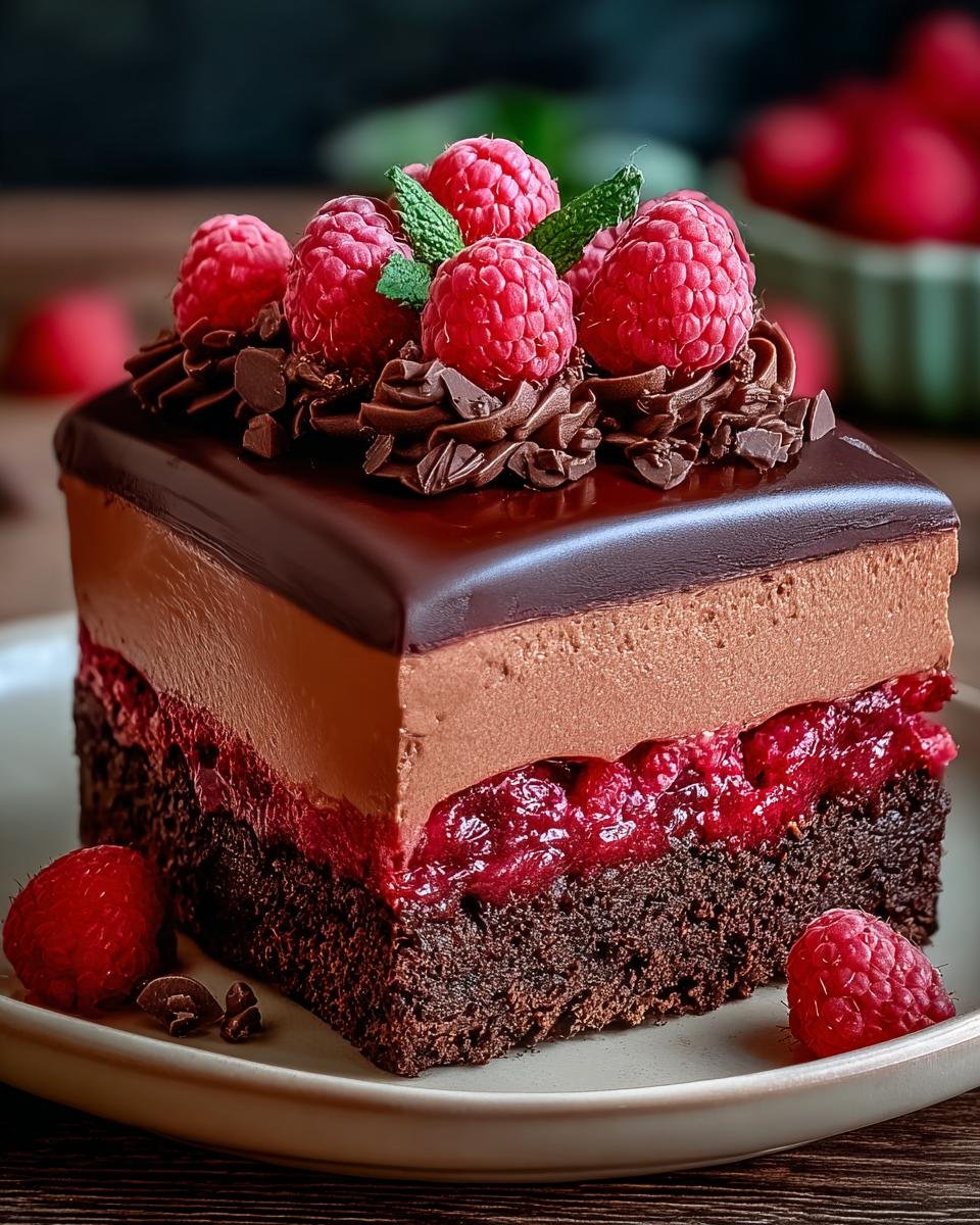 Gros plan d'une part de Gâteau Mousse Chocolat Framboise, garnie de framboises fraîches et de copeaux de chocolat.