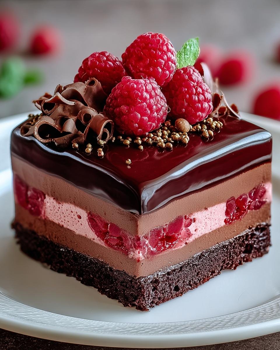 Gros plan d'une part de Gâteau Mousse Chocolat Framboise, garnie de framboises fraîches et de copeaux de chocolat.
