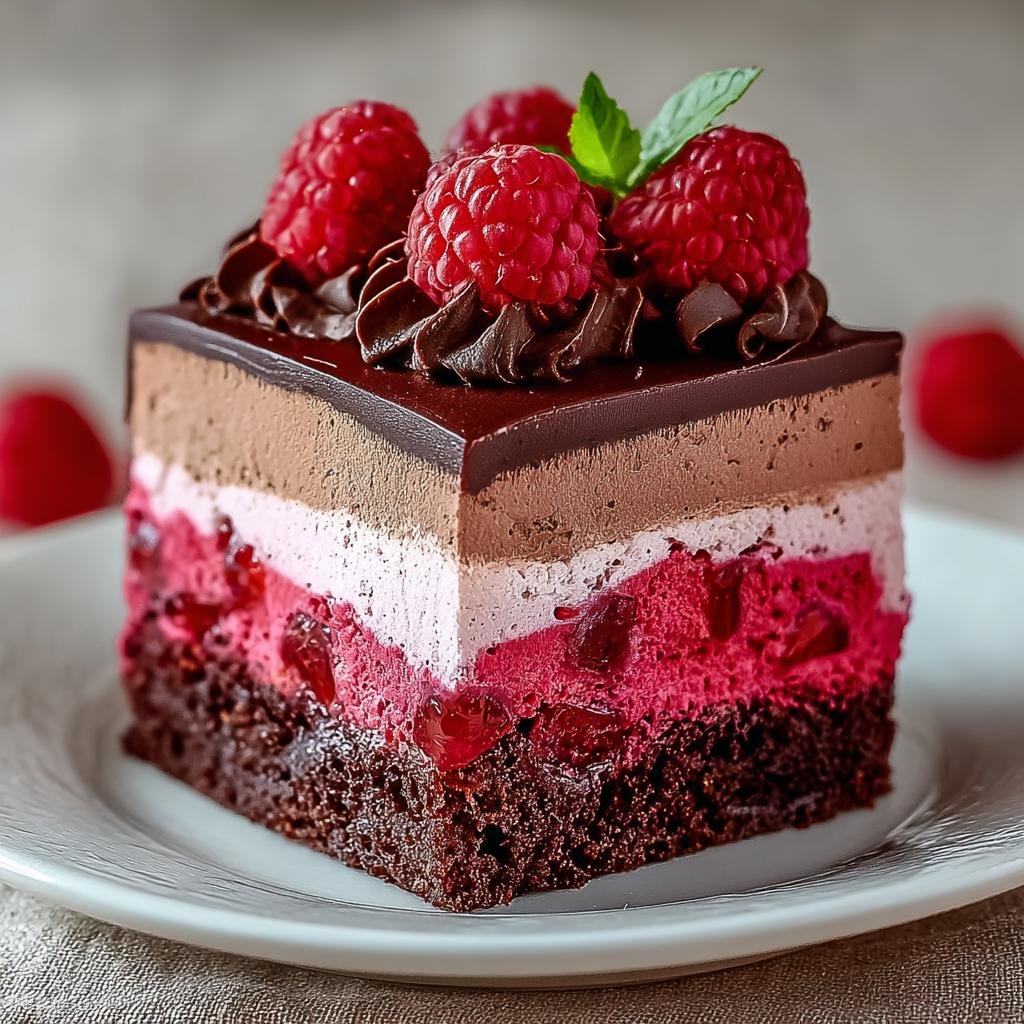 Gros plan d'une part de Gâteau Mousse Chocolat Framboise, décorée de framboises fraîches et de chocolat.