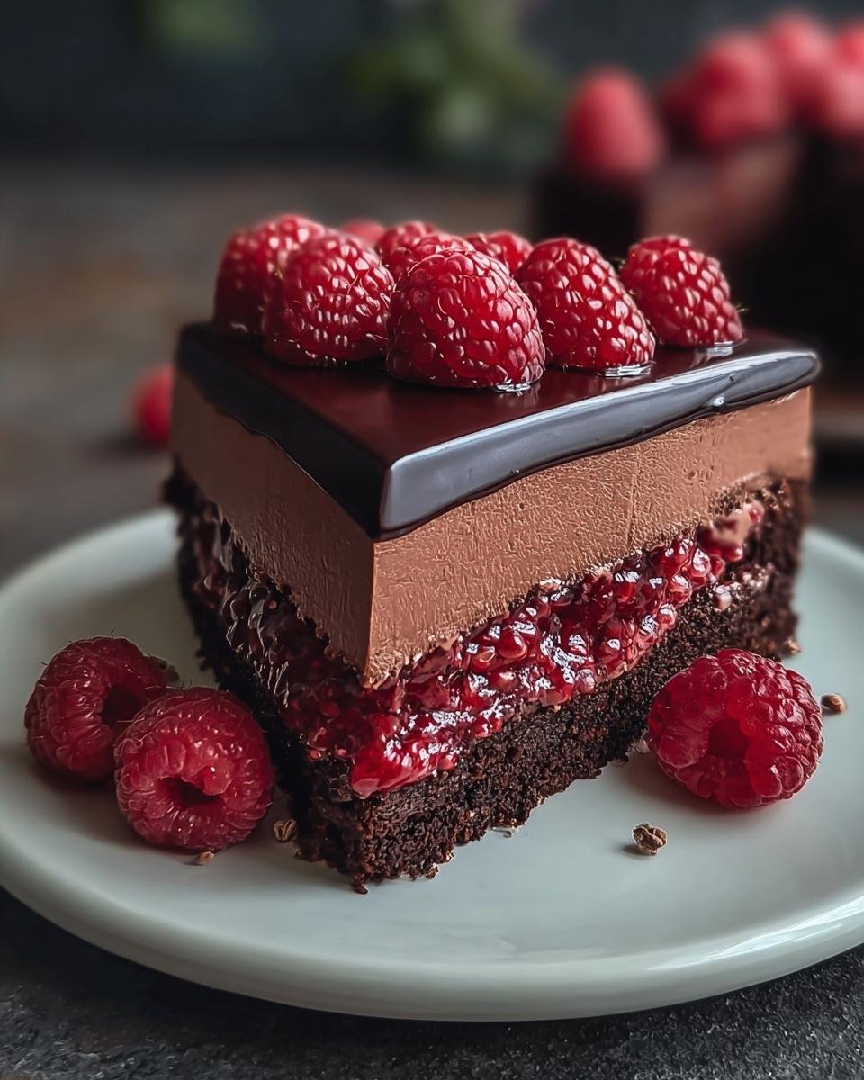 Gros plan d'une part de Gâteau Mousse Chocolat Framboise Rapide, garnie de framboises fraîches et de glaçage au chocolat.