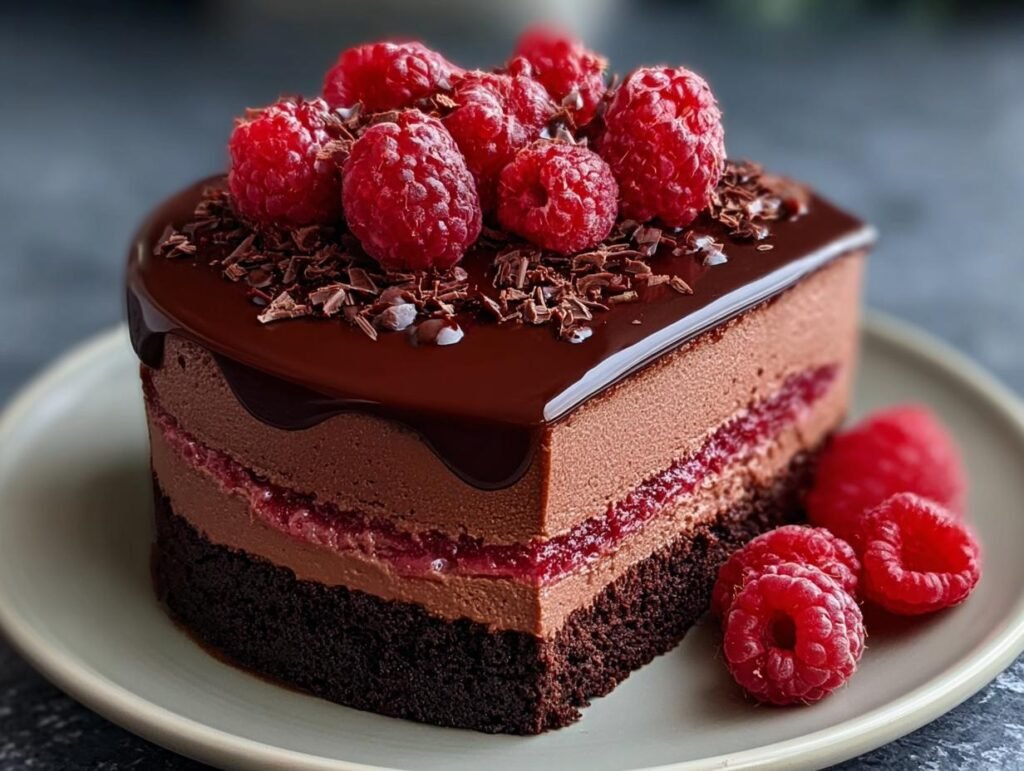 Gros plan d'une part de gâteau mousse chocolat framboise rapide, garnie de framboises fraîches et de copeaux de chocolat.