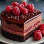 Gros plan d'une part de gâteau mousse chocolat framboise rapide, garnie de framboises fraîches et de copeaux de chocolat.