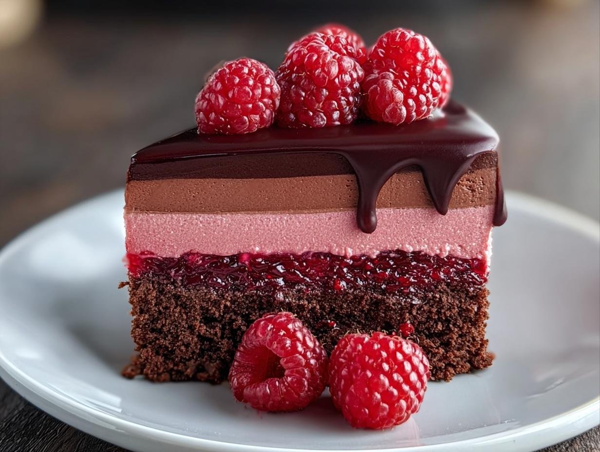 Gros plan d'une part de Gâteau Mousse Chocolat Framboise Rapide, garnie de framboises fraîches et de glaçage au chocolat.