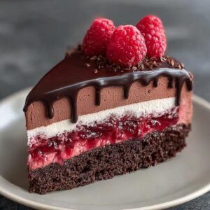 Gros plan d'une tranche de Gâteau Mousse Chocolat Framboise Rapide, garnie de framboises fraîches et de copeaux de chocolat.