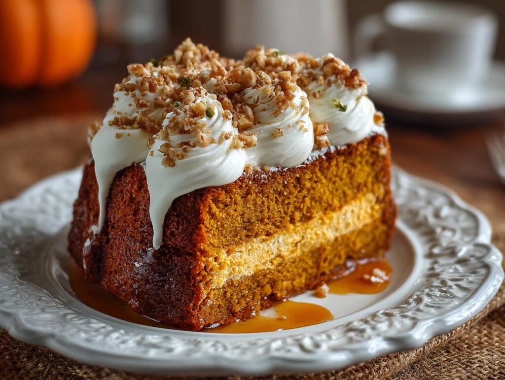 Gros plan d'une tranche de gâteau au potiron avec glaçage crémeux et noix concassées.