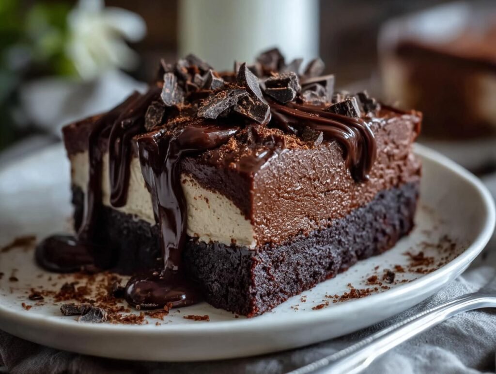 Gros plan d'une tranche de Gâteau Réfrigéré aux Brownies Facile, garnie de chocolat et de sauce au chocolat.