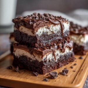 Gros plan sur deux parts empilées d'un Gâteau Réfrigéré aux Brownies Facile, garni de chocolat et de pépites.