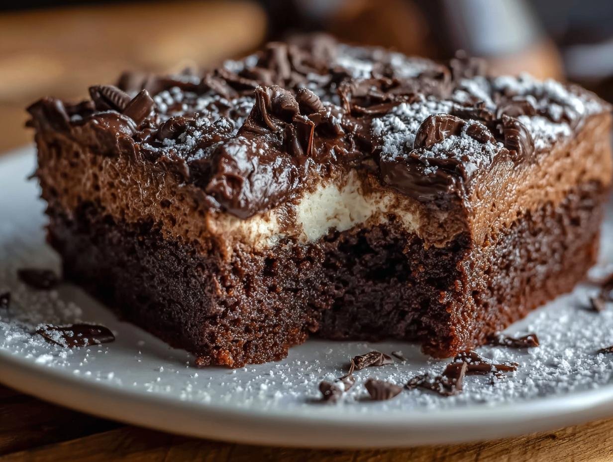 Gros plan sur une tranche de Gâteau Réfrigéré aux Brownies Facile, avec une base de brownie au chocolat, une couche crémeuse et un glaçage au chocolat.