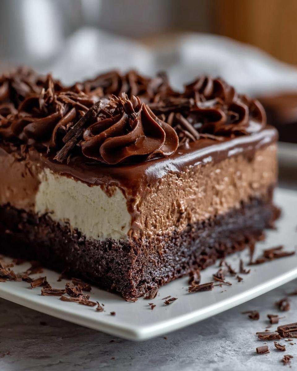 Gros plan d'une tranche de Gâteau Réfrigéré aux Brownies Facile, avec une base de brownie, une couche crémeuse et un glaçage au chocolat.