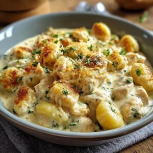 Gnocchi crémeux au poulet dans un bol, garni de persil frais et de fromage râpé.