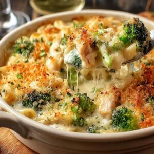 Gros plan d'une cuillère retirant une portion de gratin de poulet et brocoli, avec du fromage filant.