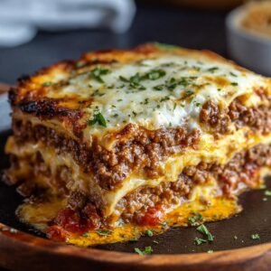 Gros plan d'une tranche de Lasagne Cheeseburger avec couches de viande, fromage fondant et pâtes.