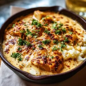 Gros plan d'une mijoteuse poulet pommes de terre ail parmesan crémeuse et garnie de persil.