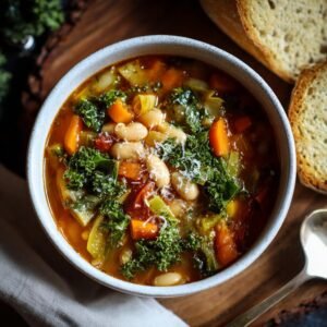 Gros plan d'un bol de Minestrone d'Hiver avec haricots blancs, carottes, kale et parmesan râpé.