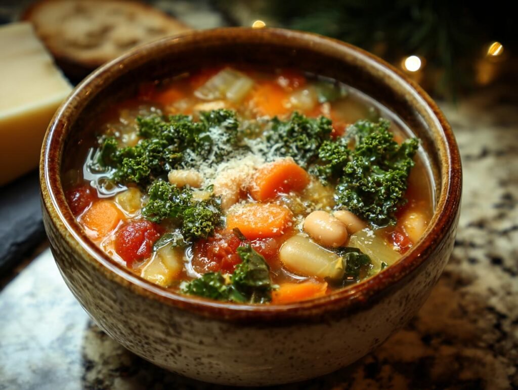 Gros plan d'un bol de Minestrone d'Hiver avec des légumes, des haricots et du parmesan râpé.