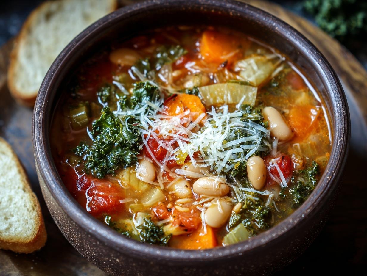 Un bol de Minestrone d'Hiver copieux avec des haricots blancs, du chou frisé, des carottes et du fromage râpé, accompagné de pain grillé.