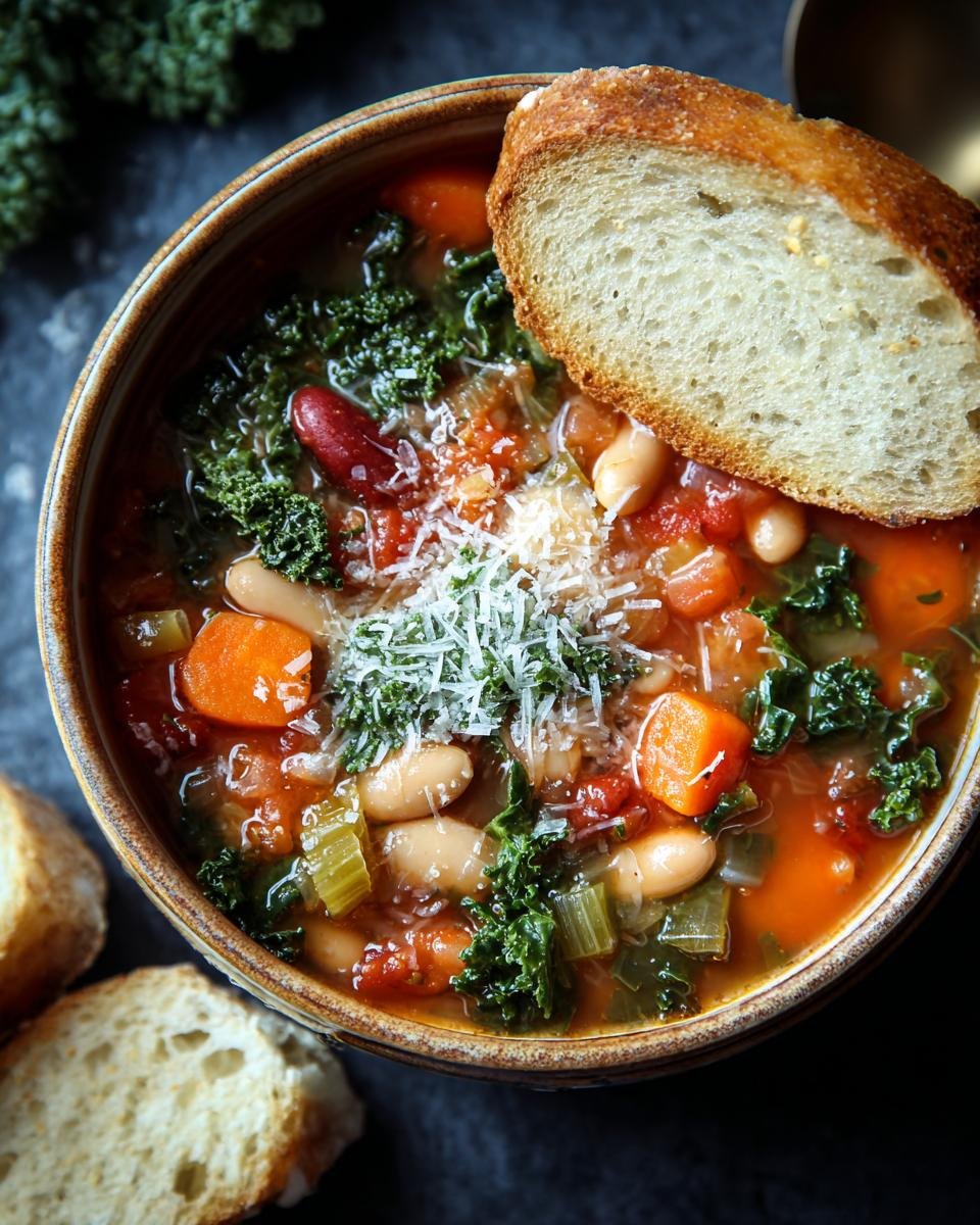 Gros plan d'un bol de Minestrone d'Hiver avec des haricots, des carottes, du chou frisé et du pain grillé, garni de parmesan.