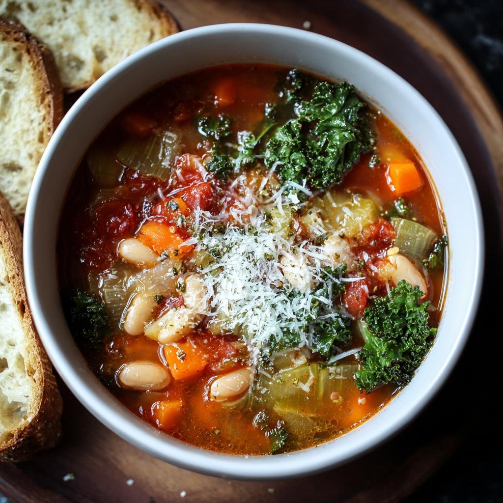 Bol de Minestrone d'Hiver réconfortant avec haricots blancs, légumes et fromage râpé, servi avec du pain grillé.