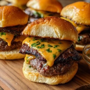 Gros plan sur des mini burgers au beurre cowboy avec fromage fondant et persil haché.