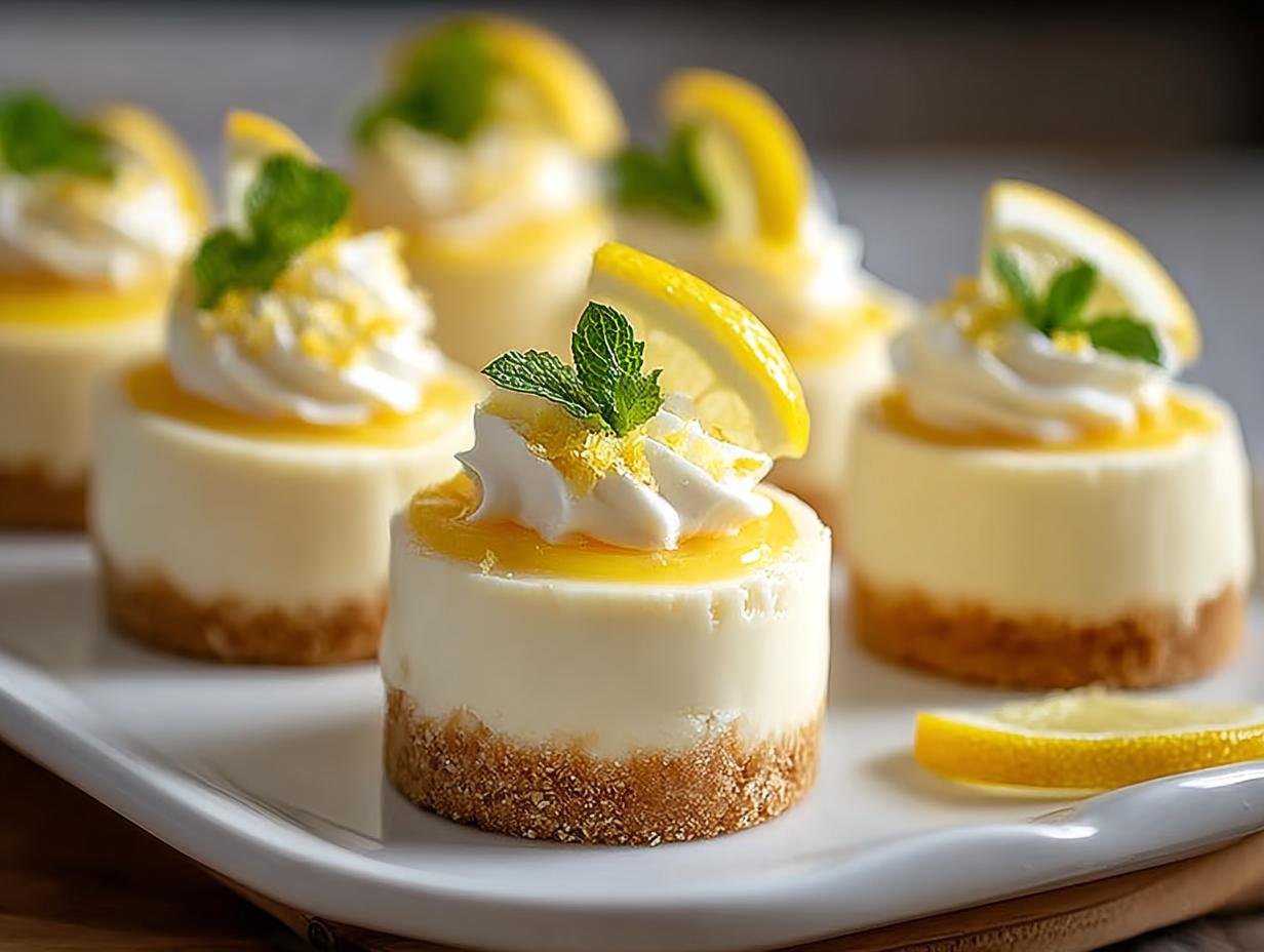 Gros plan sur des mini cheesecakes au citron facile, garnis de crème fouettée, de zeste de citron et de menthe.