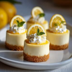 Gros plan de Mini Cheesecakes au Citron Facile, garnis de crème fouettée, d'une tranche de citron et de menthe.