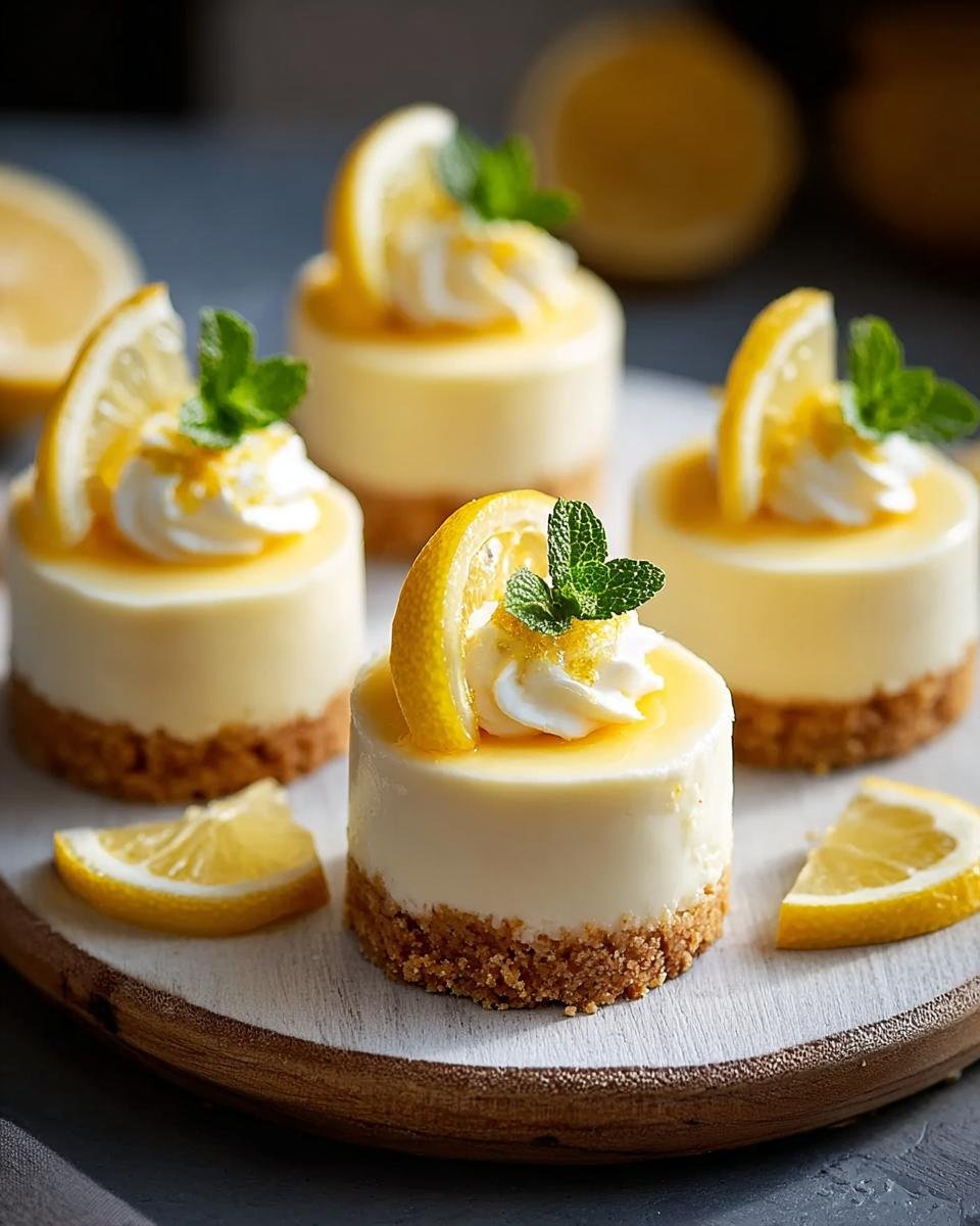 Gros plan sur des mini cheesecakes au citron facile, décorés de crème, d'une tranche de citron et de menthe.