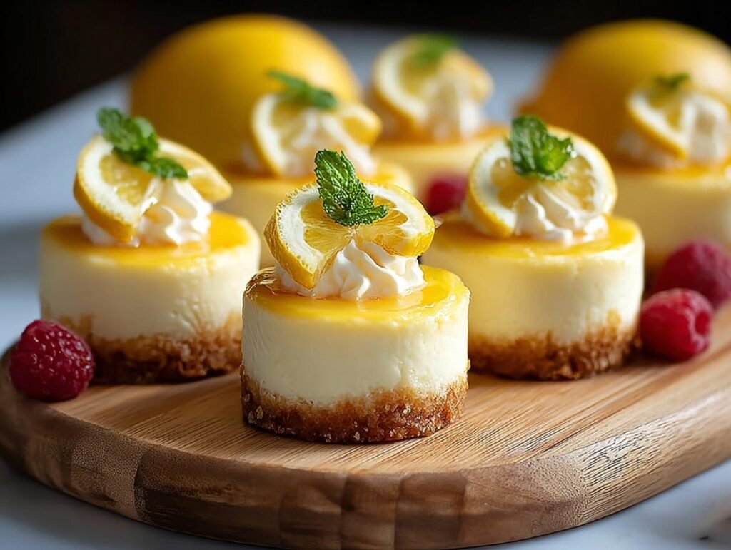 Gros plan sur des mini cheesecakes au citron facile, garnis de crème fouettée, d'une tranche de citron et de menthe.
