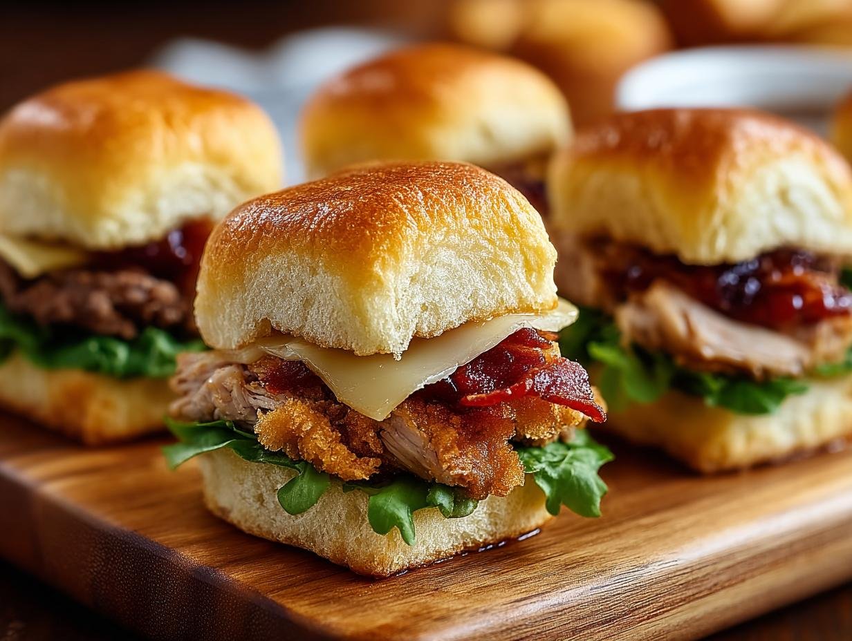 Gros plan sur des mini sandwichs au poulet et bœuf, garniture savoureuse sur pain brioché.