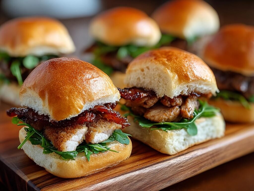 Gros plan sur des mini sandwichs au poulet et bœuf avec roquette sur un plateau en bois.