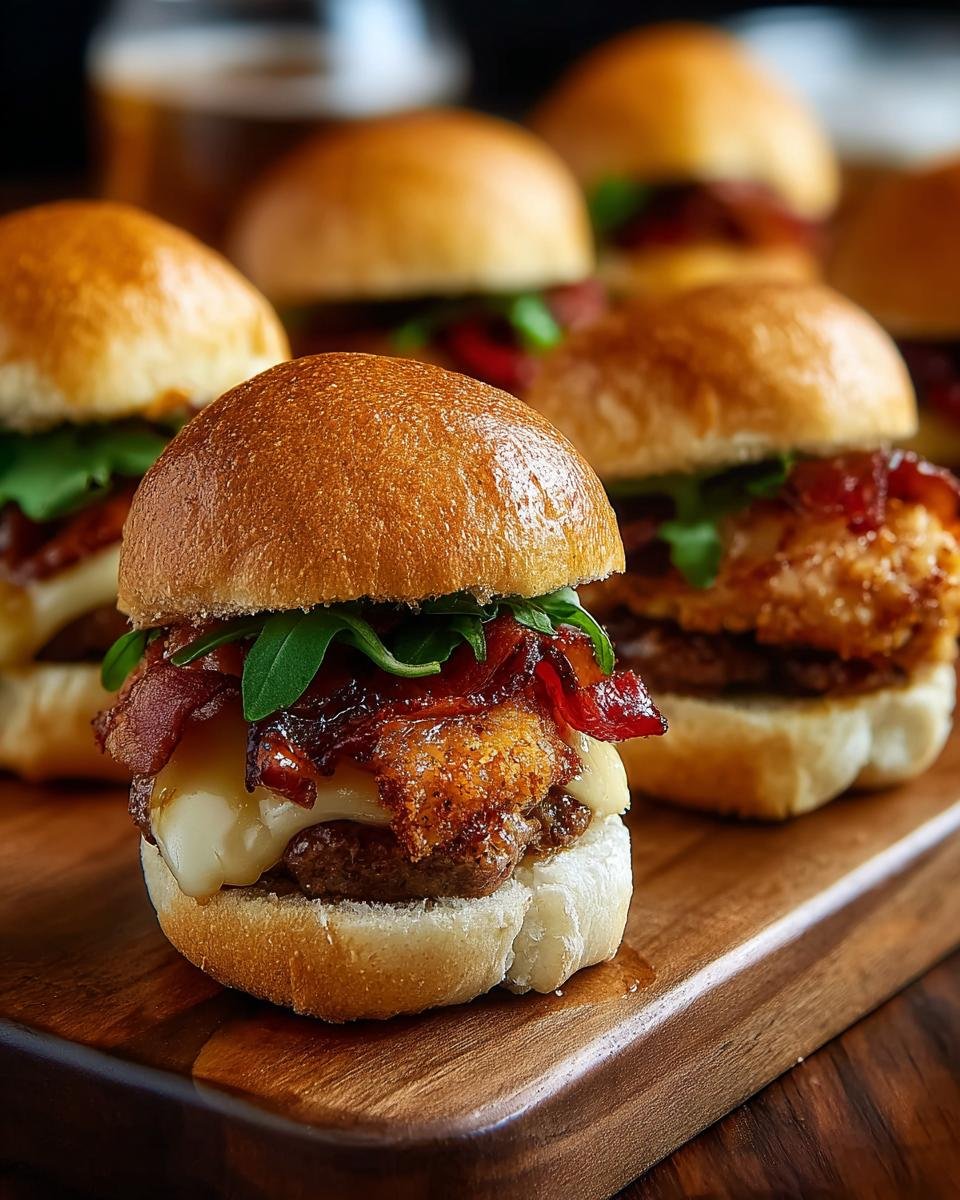 Gros plan sur des mini sandwichs poulet bœuf appétissants avec fromage fondant et bacon croustillant.