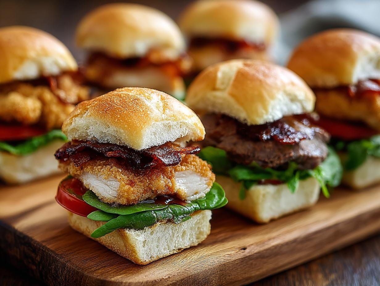Gros plan sur des mini sandwichs poulet bœuf appétissants sur une planche en bois.