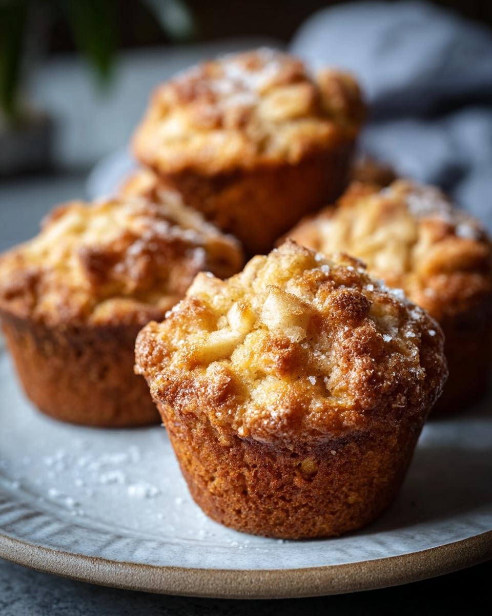 Gros plan sur des muffins moelleux aux pommes fraîchement cuits, saupoudrés de sucre glace.