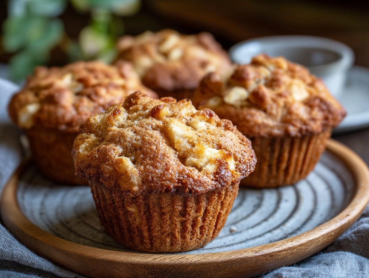 Gros plan de muffins moelleux aux pommes sur une assiette, avec des morceaux de pommes visibles.