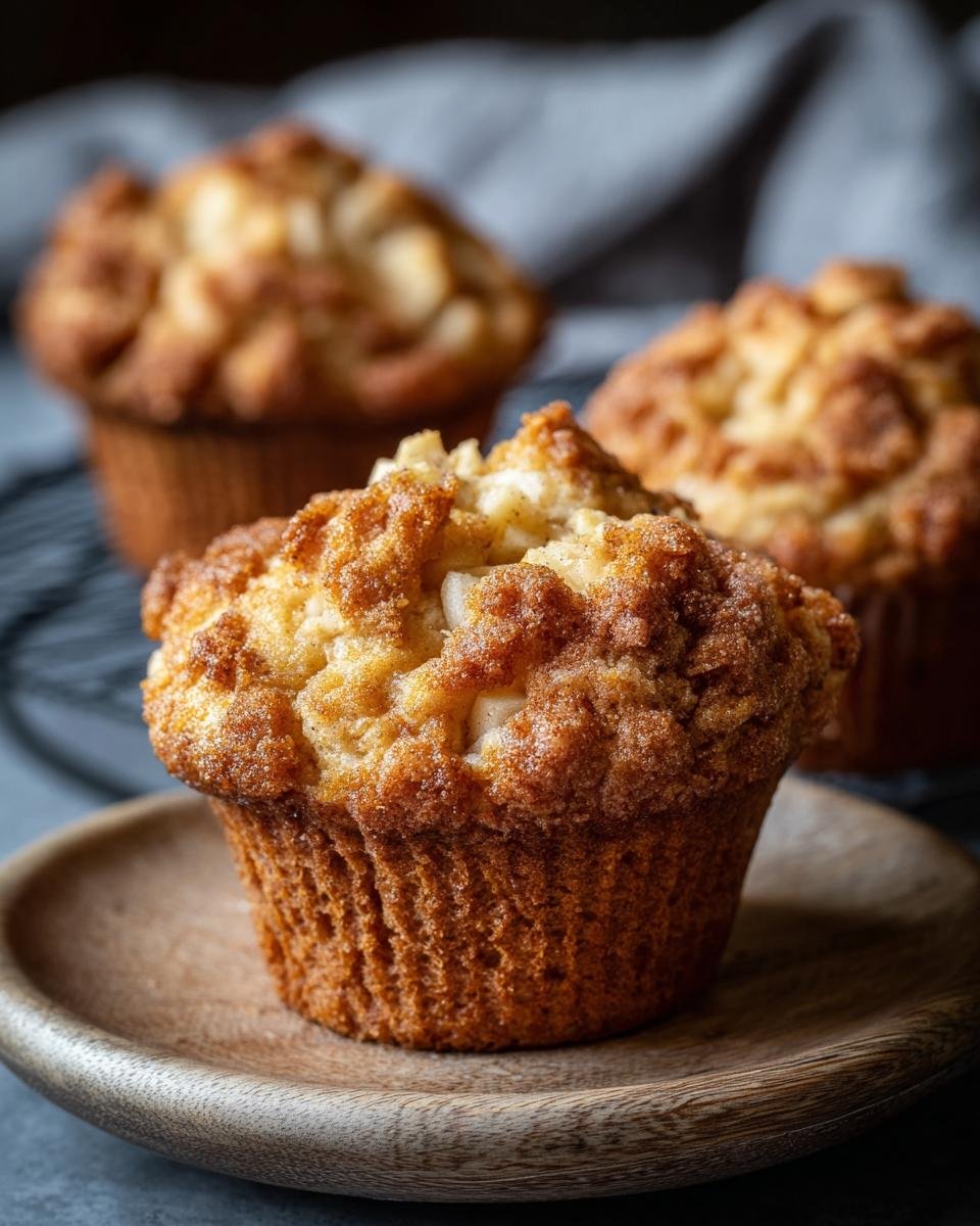 Gros plan sur un muffin moelleux aux pommes, garni de crumble et servi sur une assiette en bois.