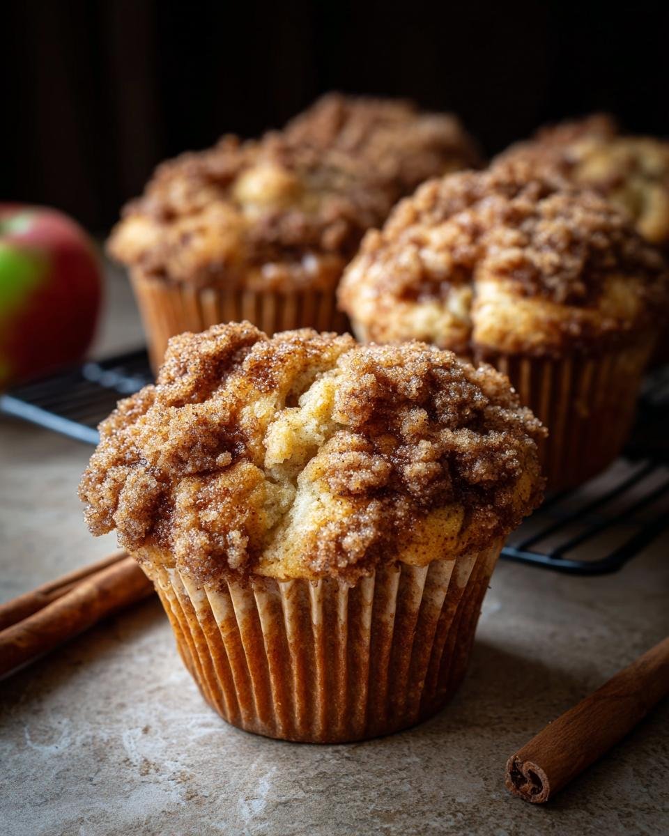 Gros plan sur un muffin pomme cannelle streusel, avec d'autres muffins en arrière-plan et des bâtons de cannelle.