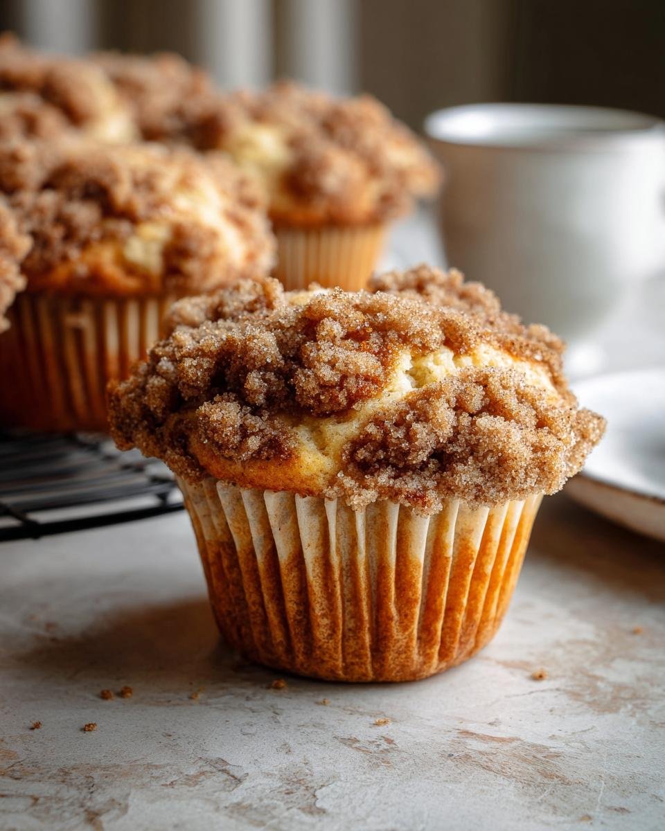 Gros plan sur un muffin pomme cannelle streusel, généreusement garni de crumble sucré et épicé.