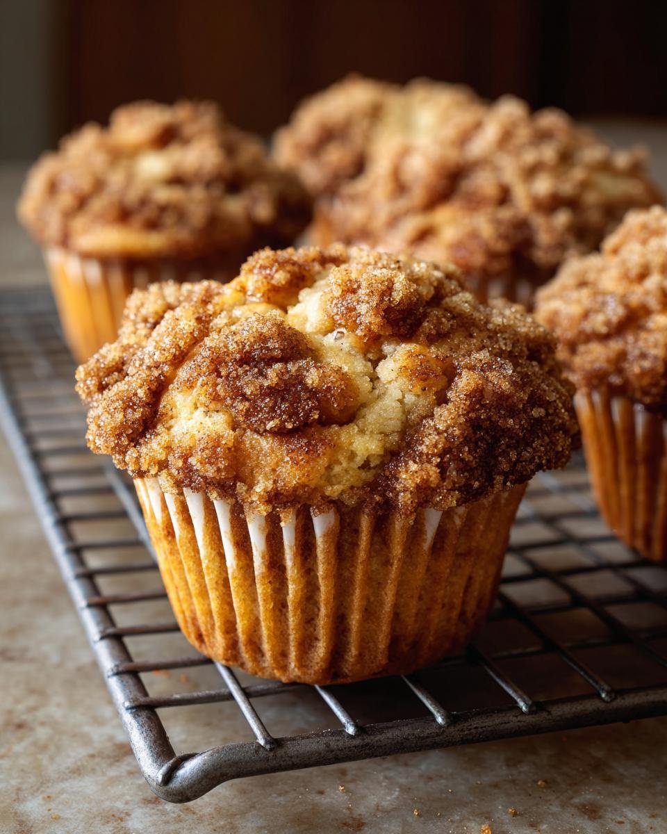 Gros plan sur des Muffins Pomme Cannelle Streusel sur une grille de refroidissement.