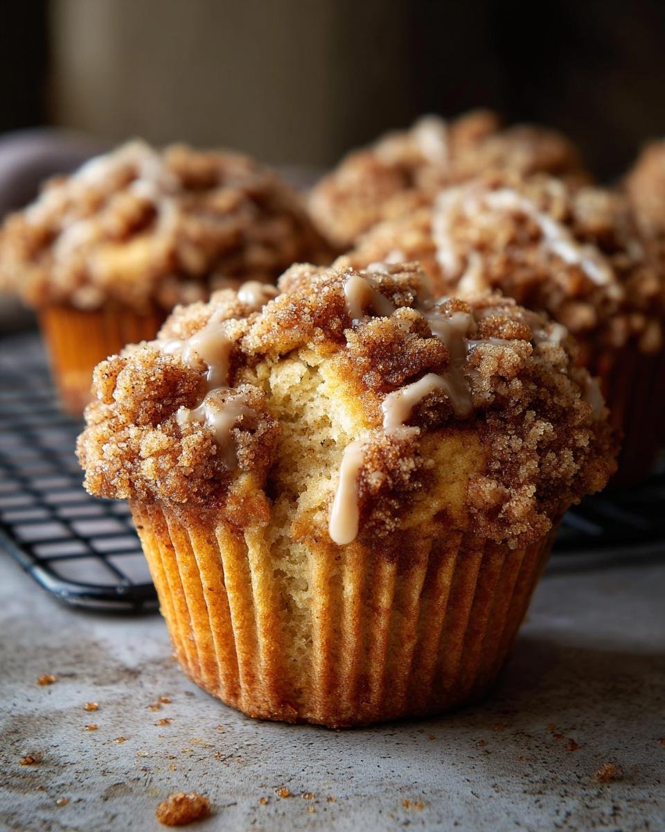 Gros plan d'un muffin pomme cannelle streusel avec un glaçage léger, sur une grille.