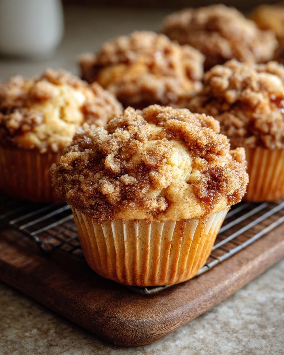 Gros plan d'un muffin pomme cannelle streusel sur une grille, avec d'autres muffins en arrière-plan.