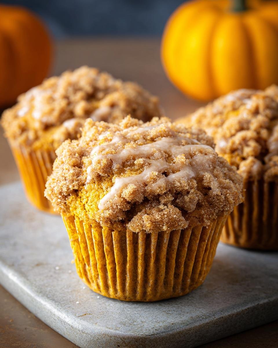 Gros plan sur des muffins au potiron avec une généreuse garniture de crumble et un délicieux glaçage.
