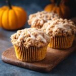 Gros plan sur des muffins au potiron avec crumble croustillant et un filet de glaçage, sur une planche en bois.
