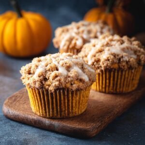 Gros plan sur des muffins au potiron avec crumble croustillant et un filet de glaçage, sur une planche en bois.