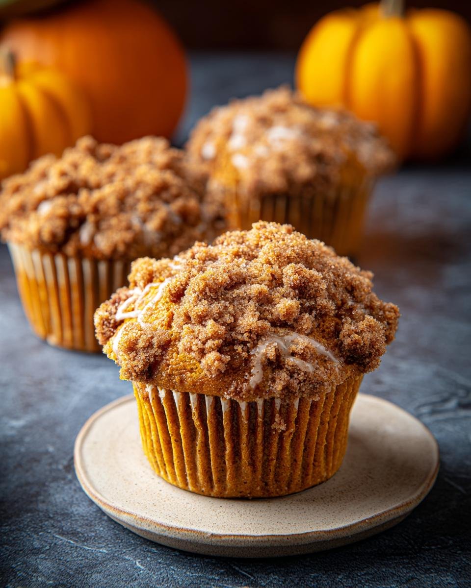 Gros plan d'un muffin au potiron avec une généreuse couche de crumble et un filet de glaçage.