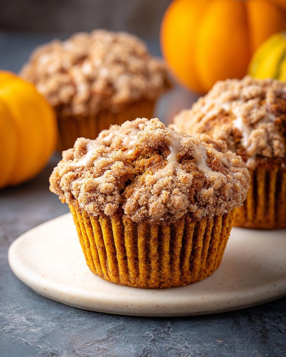 Gros plan sur un muffin au potiron avec crumble et glaçage, entouré de petites citrouilles.