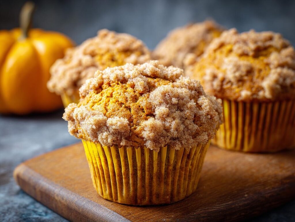 Gros plan sur des muffins au potiron avec une garniture crumble sur une planche en bois, avec une citrouille en arrière-plan.