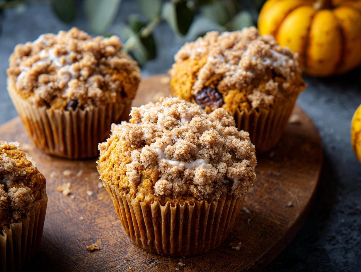 Gros plan sur des muffins au potiron généreusement garnis de crumble croustillant.