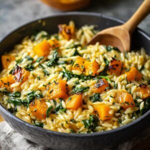 Gros plan d'un orzo crémeux butternut épinards dans un bol, avec des morceaux de courge rôtie et des épinards frais.